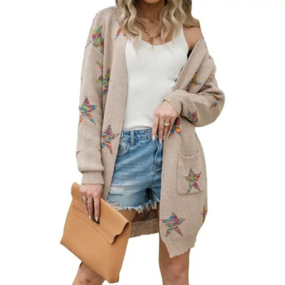 Royal + Reese Women's Pentagram Pattern Open Front Knit Cardigan - M